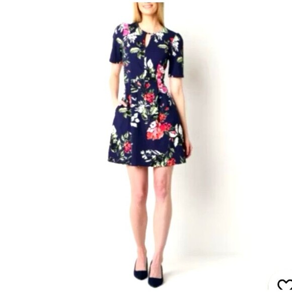 Jessica Howard navy blue pink Floral Dress Womens SZ 14 Short sleeve Fit & Flare - Picture 1 of 10